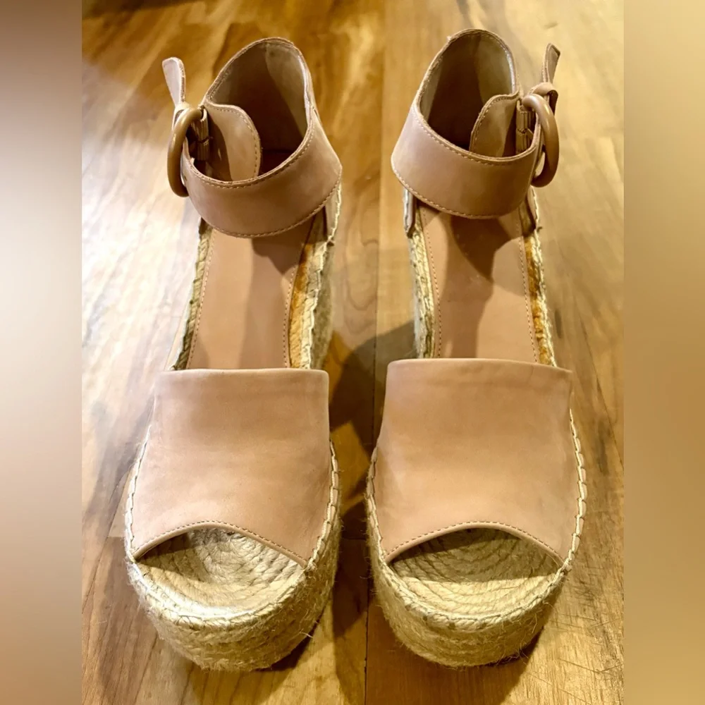 Marc Fisher LTD Alida Leather Espadrille Wedge Sandal, Tan, Size 9.5